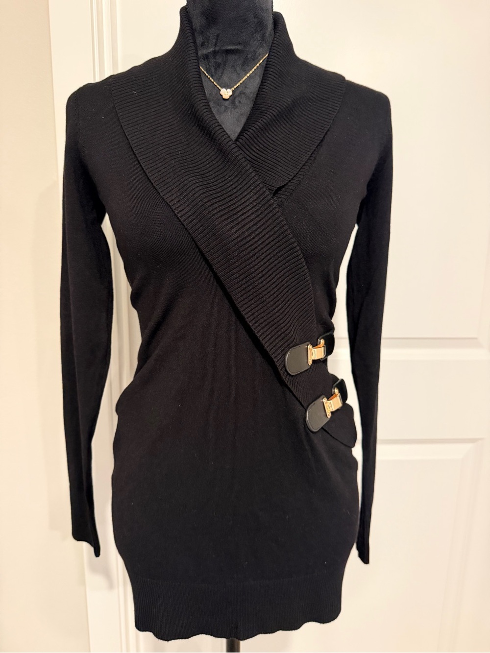 INC International Concepts Black Cowl & Shawl-Collar Sweater with Gold Buckles
